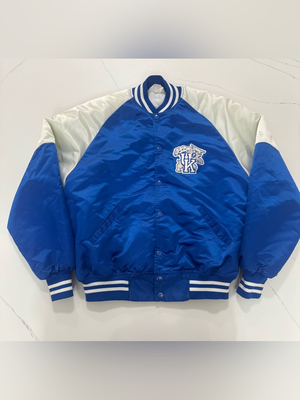 Vintage 80s Kentucky Wildcats UK Satin Bomber Jacket NCAA Varsity Blue White